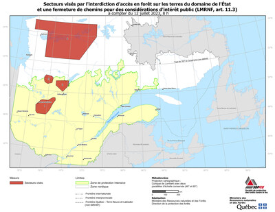 Here is the location map of the affected territory (in French only). The amendments to the measure target the regions of Abitibi-Tmiscamingue and Nord-du-Qubec. (CNW Group/Ministre des Ressources naturelles et des Forts)