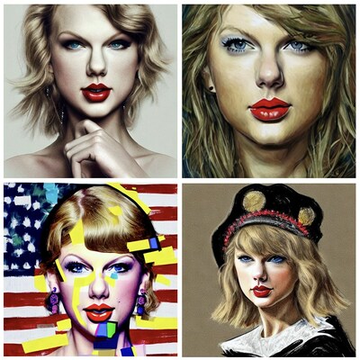 Sample Sectional Artworks from Artists Meet Artists - Taylor Swift in the Styles of Albert Oehlen, Jenny Saville, Rembrandt and Jasper Johns