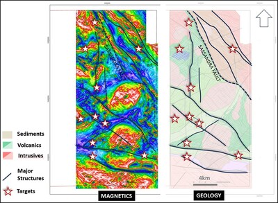 Figure 1: Odienné East airboirne reduced to pole (“RTP”) magnetic image (left) and interpreted geology and structures (right). (CNW Group/Awale Resources)