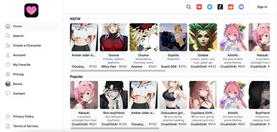 homepage of CrushonAI, with NSFW AI CHAT Categories