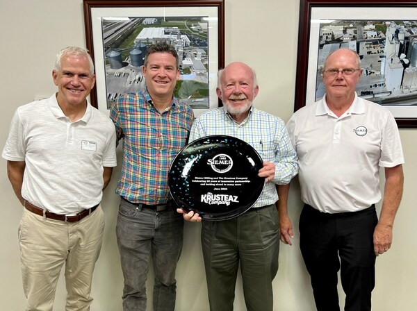 Left to right: Mike Meredith, SVP, Operations at The Krusteaz Company, Andy Heily, President & CEO at The Krusteaz Company (3rd generation family leader of Krusteaz Co.), Rick Siemer, President & CEO at Siemer Milling Company (5th generation family leader at Siemer) and Red Tegeler, Sr. Vice President Strategic Initiatives at Siemer Milling Company, and instrumental in establishing the flour pipe connection and infrastructure at The Krusteaz Company Hopkinsville, KY facility.