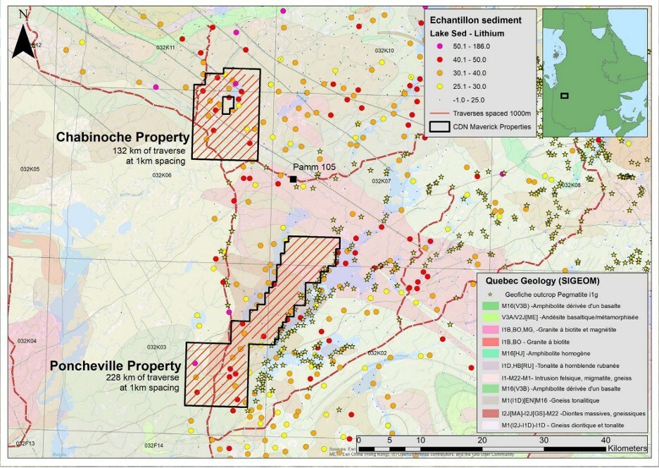 Planned traverses oriented to cross structure and following outcrops and historic pegmatite showings (CNW Group/CDN Maverick Capital Corp.) Planned traverses oriented to cross structure and following outcrops and historic pegmatite showings (CNW Group/CDN Maverick Capital Corp.)