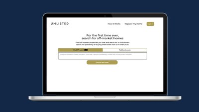 UnlistedHomes.com home page featuring the first-ever real estate search powered by ChatGPT, available standard for all users.  Photo credit: Unlisted Software, Inc.
