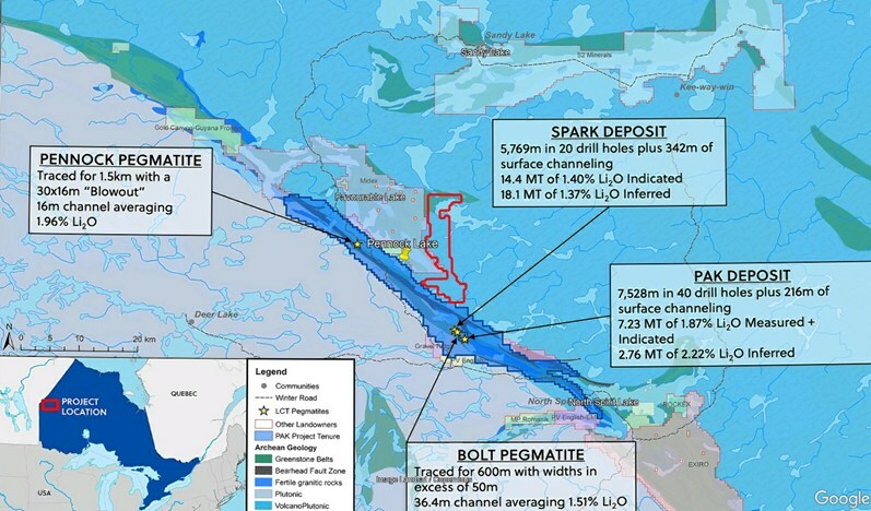 Relative location of the Northwind Lake property to Frontier Lithium’s high-grade Spark, Pak and Bolt Deposits (CNW Group/CDN Maverick Capital Corp.) Relative location of the Northwind Lake property to Frontier Lithium’s high-grade Spark, Pak and Bolt Deposits (CNW Group/CDN Maverick Capital Corp.)