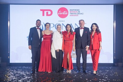 Inspiring Women in Travel - Asia (IWTA) committee members at the TD-IWTA Awards 2023 in Bangkok, Thailand. (From left-to-right) Chris Head, Michaela Connor, Donna Campbell, Joana Button, Gary Marshall, and Sunny Yu.