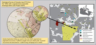 Image showing 1940 Geological Survey of Canada Map documenting Lithium deposits within the boundaries of North Arrow's LDG Project, within a few km's of the Tibbitt to Contwoyto Winter Road that services NWT's diamond mines. (CNW Group/North Arrow Minerals Inc.)