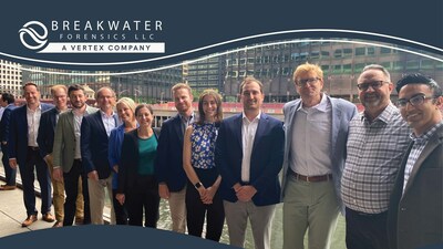 Leadership from Breakwater Forensics and VERTEX in Chicago on July 11th, 2023. From left to right: Mark Degenaars, Noah Baird, Jeff Katz, Joseph Egan, Dayna Anderson, Diana Minchella, Michael King, Beth Callis, Dan Furman, Jonathan Hahn, John Boyle, Sashi Mahtani.