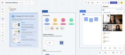 Start or join a meeting from any Lucidspark board, Lucidchart document, or in Team Spaces by clicking on the Headroom logo. You’ll be able to see if a meeting is already happening on that board or start a new one and invite participants.