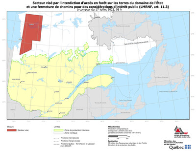 Voici la carte de localisation du territoire touché. Les modifications apportées à la mesure ciblent la région du Nord-du-Québec. (Groupe CNW/Ministère des Ressources naturelles et des Forêts)