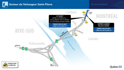 Secteur de l’échangeur Saint-Pierre - Entraves majeures du 21 au 24 juillet 2023 (Groupe CNW/Ministère des Transports et de la Mobilité durable)