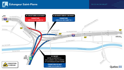 Échangeur Saint-Pierre - Entraves majeures du 21 au 24 juillet 2023 (Groupe CNW/Ministère des Transports et de la Mobilité durable)
