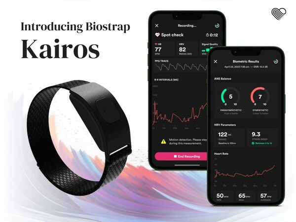 Biostrap Kairos and the Vital Science app showing the Spot Check feature. Gain access to 24/7 biometrics to monitor sleep, recovery, activity, and stress in real-time with clinical-grade accuracy. Get more granular Heart Rate Variability (HRV) parameters with advanced and transparent data analysis that quantifies stress resilience and helps you understand the intricate play between Sympathetic (“fight or flight”) and Parasympathetic (“rest and digest”) branches.