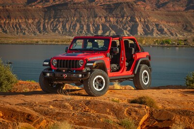 Jeep® is taking its legendary 4x4 capability to a higher level for current Wrangler and Gladiator vehicles with an upgraded JPP 2-inch lift kit from Mopar that includes specially tuned Bilstein 46-millimeter monotube shocks with remote reservoirs. 2024 Jeep® Wrangler Rubicon 4xe shown. (PRNewsfoto/Stellantis)