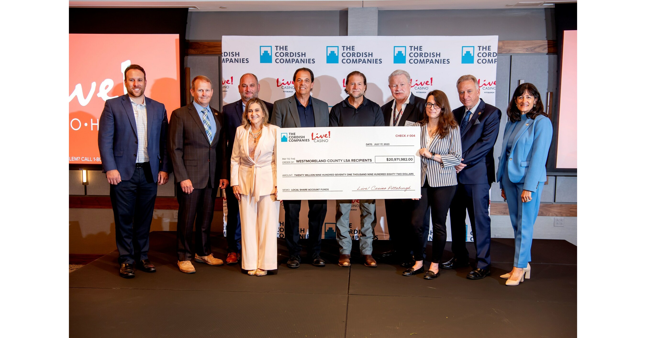 THE CORDISH COMPANIES, LIVE! CASINO AND LOCAL LEADERS HIGHLIGHT THE NEARLY $21 MILLION AWARDED TO WESTMORELAND MUNICIPALITIES AND ORGANIZATIONS AS PART OF THE LOCAL SHARE FUNDS
