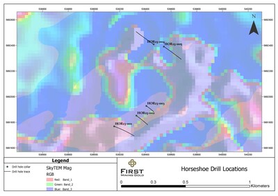 Figure 2: Plan view of Horseshoe 2023 Drilling with 2022 SkyTEM Airborne Geophysics Magnetic Survey (CNW Group/First Mining Gold Corp.)