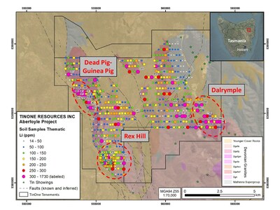 Figure 1. Map showing lithium-in-soil geochemical results from Aberfoyle. (CNW Group/TinOne Resources Corp.)