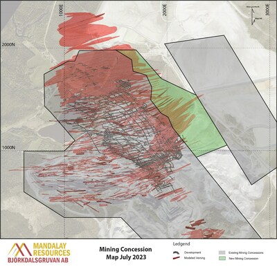 Figure 1. Map of new mining concession (green) and current mining concession package (Grey) in relation to the underground veining (Red) and mining infrastructure.