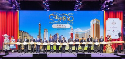 Guests of honour officiate the opening ceremony of the 2023 Sands Shopping Carnival Thursday at The Venetian Macao’s Cotai Expo. (PRNewsfoto/Sands China Ltd.)