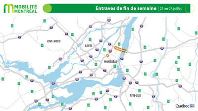 Carte générale des entraves, fin de semaine du 21 juillet (Groupe CNW/Ministère des Transports et de la Mobilité durable)