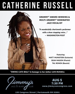 GRAMMY® Award-Winning Vocalist CATHERINE RUSSELL performs at Jimmy's Jazz & Blues Club on Saturday August 5 at 7:30 P.M. Tickets available at Ticketmaster.com and www.jimmysoncongress.com.