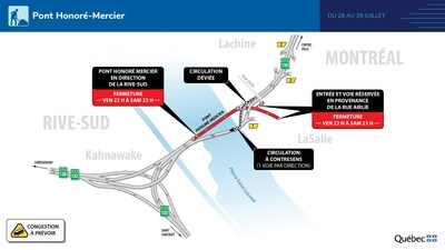 Pont Honoré-Mercier - Entraves majeures les 28 et 29 juillet 2023 (Groupe CNW/Ministère des Transports et de la Mobilité durable)