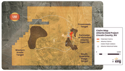 Figure 1. Atlanta Gold Mine Project map detailing its 13,100 hectare mineral holdings as well as the location of the historical Atlanta pit, and three newly identified regional target areas. Historical holes are represented by white dots to show density of exploration activity across the project area. (CNW Group/Nevada King Gold Corp.)
