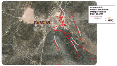 Figure 2. Recent CSAMT sureys show structures and faults responsible for channelling fluids and concentrating gold mineralization around the Atlanta pit extending 2km south into the South Quartzite Ridge Target. (CNW Group/Nevada King Gold Corp.)