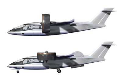 The TriFan 600 is being developed by XTI to combine the performance of fixed-wing business aircraft with VTOL capability. The images shown here are computer simulated graphics of the XTI TriFan 600.