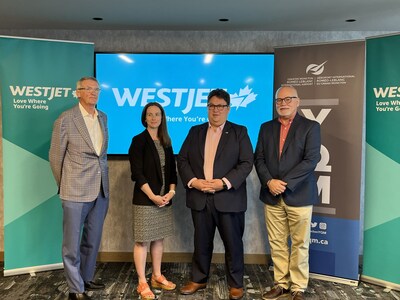 Yvon LaPierre, Mayor of Dieppe; Courtney Burns, President & CEO of Greater Moncton International Airport; Andrew Gibbons, Vice President, External Affairs, WestJet; John Wishart, CEO of Greater Moncton Chamber of Commerce (CNW Group/WESTJET, an Alberta Partnership)