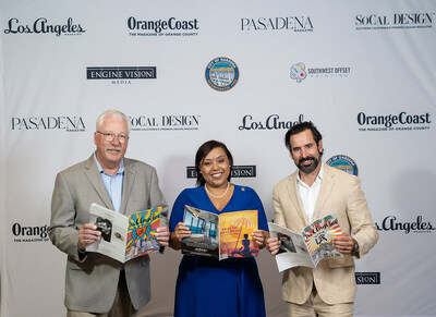 Dutch Greve, with Southwest Offset Printing, Tasha Cerda, the mayor of Gardena, and Christopher Gialanella, the president and publisher of Los Angeles Magazine pose for a photo at the offices of Southwest Offset Printing on Thursday, July 20. (Photo by Scott Smeltzer)