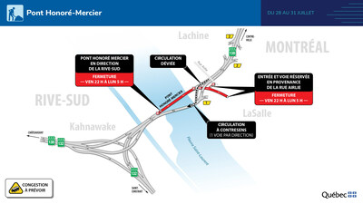 Pont Honoré-Mercier - Une voie ouverte par direction du 28 au 31 juillet 2023 (Groupe CNW/Ministère des Transports et de la Mobilité durable)