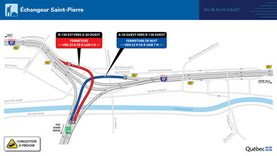 Échangeur Saint-Pierre - Entraves majeures du 28 au 31 juillet 2023 (Groupe CNW/Ministère des Transports et de la Mobilité durable)