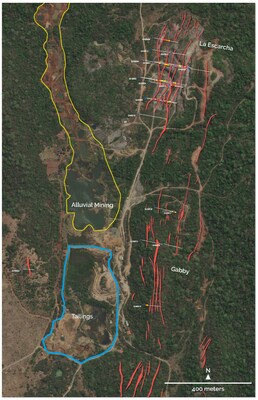Figure 1: Map of the Golden Hill property highlighting the tailings area in blue, which measures approximately 300 x 500 meters and up to 15 meters deep. (CNW Group/Mantaro Precious Metals Corp.)