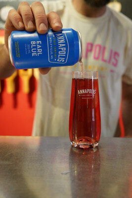 A can of Earl Blue is poured into a glass at Annapolis Cider Company in Wolfville, NS. The bright colour comes from the use of local Nova Scotia Blueberries. (CNW Group/Annapolis Cider Co.)