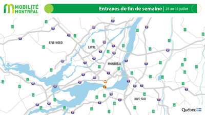 1. Carte générale des entraves, fin de semaine du 28 juillet (Groupe CNW/Ministère des Transports et de la Mobilité durable)