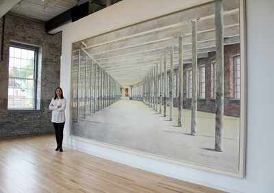 Barbara Prey with her MASS MoCA commissioned painting. The museum commissioned Prey to paint the largest watercolor in the world for the opening of  their new Building 6. The painting, on long term exhibit is of the building's interior before renovation.  Prey's architectural drawings appeared in The New Yorker for 10 years. Her other interior paintings include the Presidential commissioned White House Christmas Card (collection the White House) and The National Gallery's ‘Fibonacci’s Workshop.’