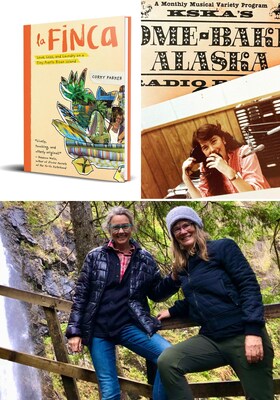 Top left: Parker’s memoir, LA FINCA, available now. Top right: Parker at KSKA, the Alaskan radio station she helped found. Bottom: Parker (left) and Kilcher (right).