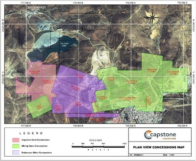Figure 1: Plan view map superimposing the Endeavour concessions and an aerial photograph of the existing mine workings (Reference: Capstone Endeavour Division Agreement) (CNW Group/Gold Royalty Corp.)