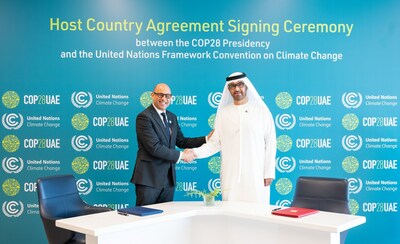 COP28 President-Designate Dr. Sultan Al Jaber and United Nations Framework Convention on Climate Change (UNFCCC) Executive Secretary, Simon Stiell