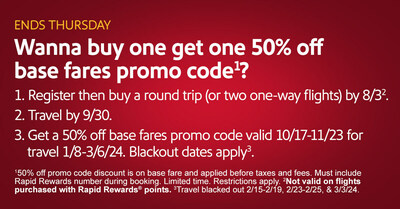 For The First Time Ever, Southwest Airlines Launches A Buy One, Get One <percent>50%</percent> Off Base Fares Promotional Offer