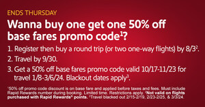 FOR THE FIRST TIME EVER, SOUTHWEST AIRLINES LAUNCHES A BUY ONE, GET ONE 50% OFF BASE FARES PROMOTIONAL OFFER FOR UPCOMING TRAVEL