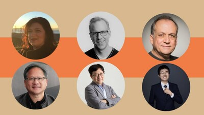 Images courtesy of Natalya Tatarchuk, Allan Poore, Joe Letteri, Jensen Huang, Hiroaki Kitano, Yachen Song, listed in order of appearance at SIGGRAPH 2023 from left to right