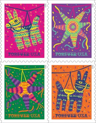 Piatas! stamps feature four colorful illustrations of the traditional Mexican party favorite. Two are of a donkey and two feature a seven-point star.