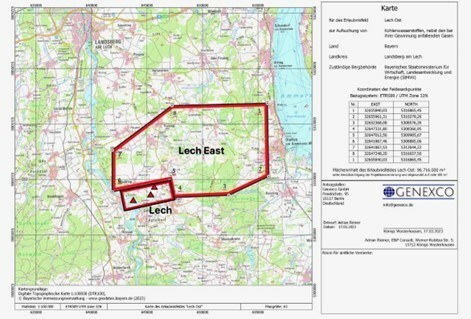 Figure 1: Lech and Lech East concession areas. Red triangles represent historical wells drilled at Lech. (CNW Group/MCF Energy Ltd.)
