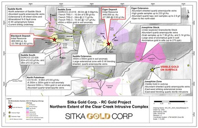 Figure 2: Plan map of the northern extent of the Clear Creek Intrusive Complex encompassing the Blackjack, Saddle, Eiger, Josephine and Pukelman Stocks (CNW Group/Sitka Gold Corp.)