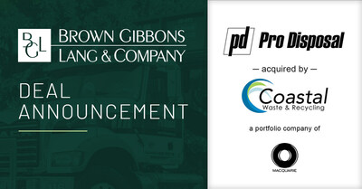 Brown Gibbons Lang & Company (BGL) is pleased to announce the sale of Pro Disposal USA, LLC (Pro Disposal) to Coastal Waste & Recycling Inc. (Coastal), a portfolio company of Macquarie Asset Management (MAM), an asset management arm of the Australian bank Macquarie Group Limited.