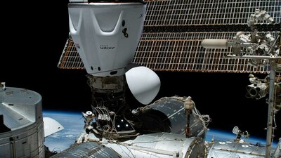 The SpaceX Dragon spacecraft is pictured docked to the space-facing port on the International Space Station's Harmony module. Dragon carried four Axiom Mission 2 astronauts to the orbital laboratory on May 22, 2023. Credits: NASA