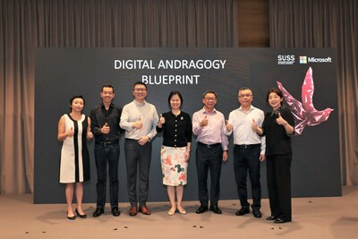 The Digital Andragogy Blueprint was launched at the event by Minister of State (Education and Manpower), Ms Gan Siow Huang (centre), with key representatives from SUSS and Microsoft.
