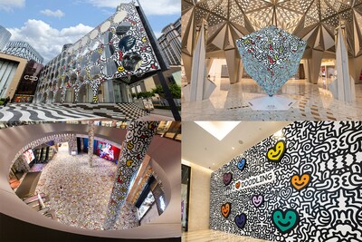 (From left to right) "Doodle Showroom" at Cotai Strip's architectural landmark; "Doodle Cube", a multimedia art installation in the lobby of the Morpheus Hotel; "Doodle Hall" at the main entrance of City of Dreams; "Doodle Love Wall", an exclusive large-scale interactive for the celebration of Qixi Festival (Chinese Valentine's Day)
