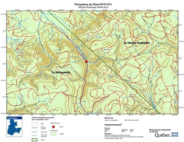 Carte de la fermeture du pont enjambant le ruisseau Petite-Sud (Groupe CNW/Ministre des Ressources naturelles et des Forts)